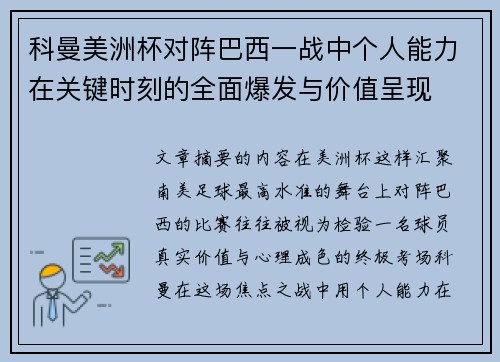 科曼美洲杯对阵巴西一战中个人能力在关键时刻的全面爆发与价值呈现