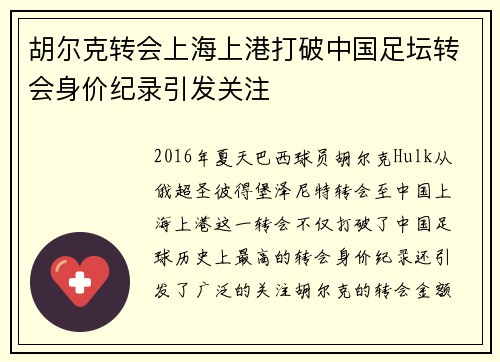 胡尔克转会上海上港打破中国足坛转会身价纪录引发关注 胡尔克转会上海上港打破中国足坛转会身价纪录引发关注